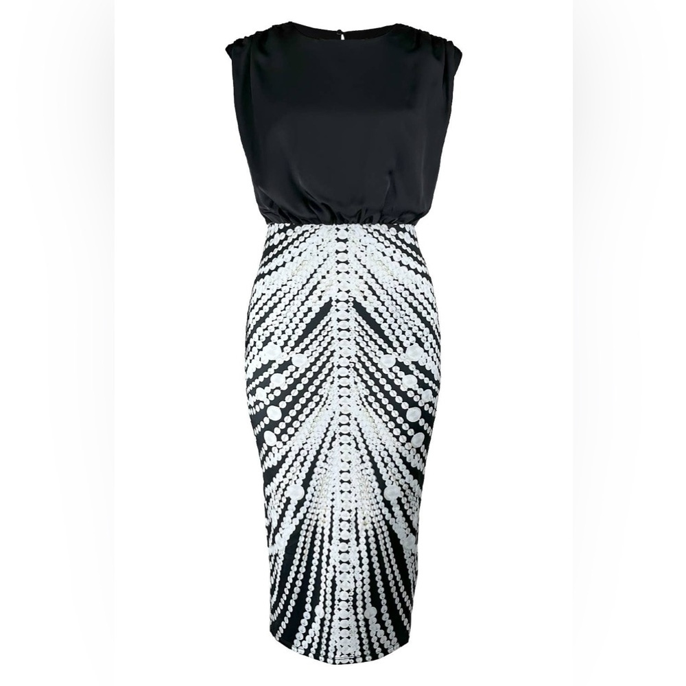 Her.. Bottari Black Satin Pearl Printed Sheath Pencil Midi Dress Size Small